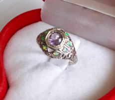 Antikolt ezüst gyűrű ametiszt és opál kövekkel  USA 7-es méret
