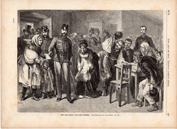 Ferenc József egy pesti népkonyhán, metszet 1875, 22 x 31 cm, monarchia, újság, császár, osztrák