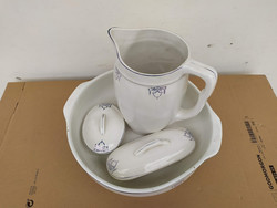 Antik porcelán fürdőszoba mosdó készlet lavór kancsó szappan és fogkefe tartó