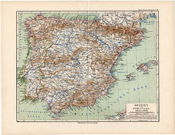 Spanyolország ls Portugália térkép 1892, eredeti, Meyers atlasz, német nyelvű, Ibériai - félsziget