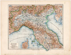 Észak - Olaszország térkép 1892, eredeti, Meyers atlasz, német nyelvű, Itália, Pisa, Milánó