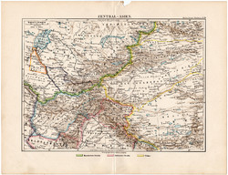 Közép - Ázsia térkép 1892, eredeti, Meyers atlasz, német nyelvű, Tibet, Afganisztán, Turkestan