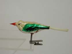 Régi üveg karácsonyfadísz zöld csipeszes madár 