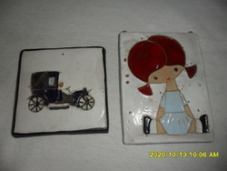 2 db retro autós és kislányos fali kerámia kép