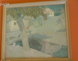 JAKUBA JÁNOS : TÁJ FIGURÁVAL - 70 x 80 - OLAJ-FAROST FESTMÉNY képcsarnokos keretben
