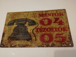 Mentők/Tűzoltók - antik/vintage fém tábla, ritkaság, - 1 forintról,garanciával!
