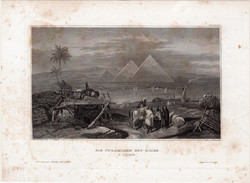 Gízai piramisok, acélmetszet 1850, eredeti, 9 x 16 cm, metszet, Egyiptom, Gíza, Afrika, piramis