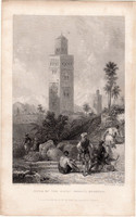 Marokkó, Nagy mecset tornya, acélmetszet 1837, eredeti, 10 x 15, metszet, Afrika, dzsámi, müezzin
