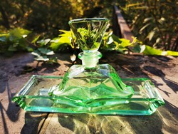 ART DECO URÁNZÖLD ILLATSZERES ÜVEG TÁLCÁVAL