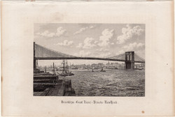 Brooklyn híd, acélmetszet 1870, metszet, eredeti, 9 x 14 cm, Amerika, New York, East River, kelet
