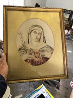 Mária ábrázolás, 25 cm átmérőjű, linometszet, egyházi.