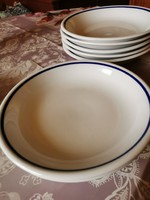 6 db Zsolnay porcelán menzás kék csíkos főzelékes, kocsonyás tányér