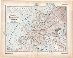 Európa hegy- és vízrajzi térkép 1870, eredeti, német nyelvű, atlas, Kozenn, XIX. század, régi, antik