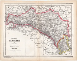 Galícia, Bukovina térkép 1870, eredeti, német nyelvű, atlas, Kozenn, Lwow, XIX. század, régi, antik