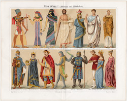 Divat, öltözködés, ruha, litográfia 1896, eredeti, német, ókor, középkor, öltözet, viselet, kosztüm