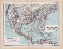 Észak - Amerika térkép 1870, eredeti, német nyelvű, atlas, Kozenn, régi, Atlanti államok, antik