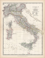 Olaszország térkép 1883, eredeti, atlasz, Keith Johnston, angol, 36 x 47 cm, Európa, Szardínia, dél