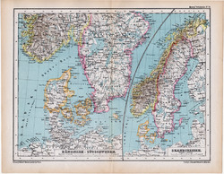 Skandinávia, Dánia, Dél - Svédország térkép 1870, eredeti, német nyelvű, atlas, Kozenn, régi, antik