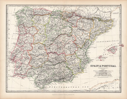 Spanyolország és Portugália térkép 1883, eredeti, atlasz, Keith Johnston, angol, 36 x 47 cm, Ibériai