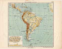 Dél - Amerika hegy- és vízrajzi térkép 1913, Amerika, Andok, eredeti, régi, Tűzföld, Kogutowicz Manó