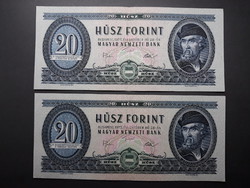 20 Forint 1975 sorszámkövető pár bankjegy - Régi papír kék húsz Ft-os papírpénz eladó