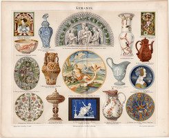 Kerámia, litográfia 1888, színes nyomat, német nyelvű, eredeti, porcelán, váza, tányér, kancsó