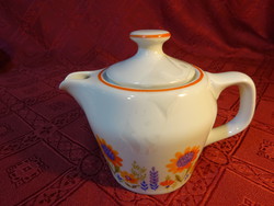 Hollóházi porcelán kávéfőző kiöntő, narancssárga virággal és szegéllyel, kis méretű. 