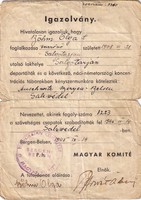 Igazolvány Magyar Komité által igazolva, hogy Böhm Olga-t koncentrációs tábori kényszermunkára...