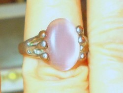 Rózsaszínű Macskaszem ásvány tekintélyes Tibeti Ezüst kézműves Gyűrű 8.5-es