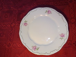 Zsolnay porcelán, rózsaszín virágos, tollazott süteményes tányér.