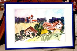 Bajor falu a dombok között, 1992 - keretezett német akvarell