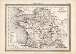 Gallia térkép, kiadva 1861, olasz, eredeti, atlasz, történelmi, ókor, római birodalom, francia, régi