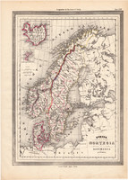 Svédország, Norvégia és Dánia térkép 1861, olasz, eredeti, atlasz, Skandinávia, Izland, észak, régi