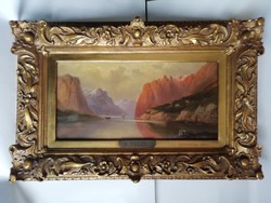 Antik tájkép, A. TOTDH. : Fjord olaj, vászon festmény, pazar keretben, 82 cm