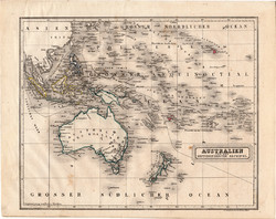 Ausztrália térkép 1854, német nyelvű, eredeti, atlasz, osztrák, Óceánia, Csendes - óceán, szigetek