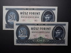 20 Forint 1975 sorszámkövető bankjegyek - 2db régi papír kék húszas papírpénz