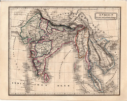 India térkép 1854, német nyelvű, eredeti, atlasz, osztrák, Ázsia, Nepál, Indokína, Gangesz, Ceylon