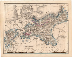 Poroszország térkép 1854, német nyelvű, eredeti, atlasz, osztrák, Európa, Berlin, Breslau, észak