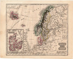 Svédország és Norvégia térkép 1854, német nyelvű, eredeti, atlasz, Dánia, Izland, Skandinávia, észak