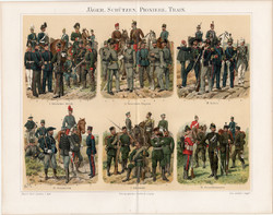 Vadász, lövész, utász, trén, litográfia 1896 (2), német, eredeti, fegyvernem, katona, hadsereg, hadi