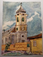 Falusi templom akvarell