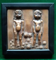 Rácz Edit: Ádám és Éva plakett, dombormű, relief, 1973