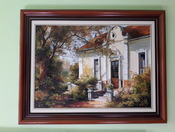 Fekete Zsolt kortárs festőművész Polgári ház bejárat  olaj festmény 70 cm x 50 cm