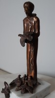 Assisi Szent Ferenc a madarakkal, bronz szobor, kisplasztika