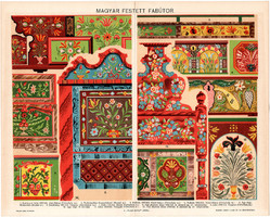Magyar festett fabútor (2), litográfia 1896, színes nyomat, eredeti, magyar nyelvű, bútor, díszítés