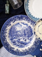 Churchill England  fajansz vacsorázó tányér, kék-fehér téli jelenetes