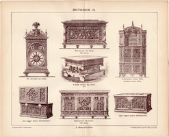 Bútorok II., 1894, egyszín nyomat, eredeti, magyar nyelvű, bútor, asztal, láda, óra, sarokszekrény