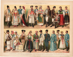 Magyar nemzeti viseletek I., 1896, színes nyomat, eredeti, régi, kalotaszegi, erdélyi szász, székely