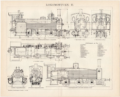 Gőzmozdonyok II. és I., III., egyszínű nyomat 1893, német nyelvű, eredeti, vasút, mozdony, lokomotív