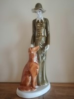 Hollóházi kalapos kutyás hölgy figurális szobor 40 cm